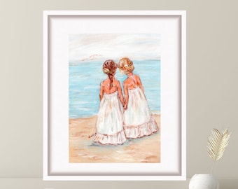 Two Beach Girls Blond and Dark Hair Oil Painting Sisters Print Gift for Her Kids Wall Art by TonyGallery