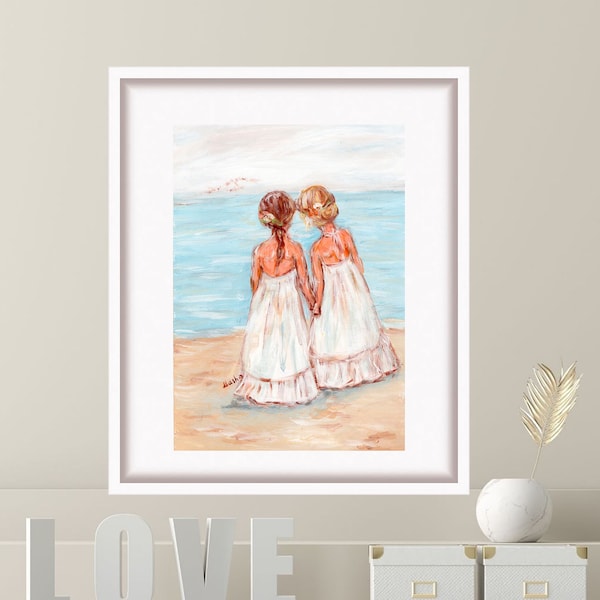 Deux filles de la plage aux cheveux blonds et foncés, peinture à l'huile, impression de soeurs, cadeau pour ses enfants, oeuvre d'art murale par TonyGallery