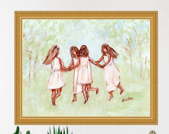 Four Girls Dancing Painting Fine Art Print Sisters Artwork Friendship Poster Big Wall Art by TonyGallery