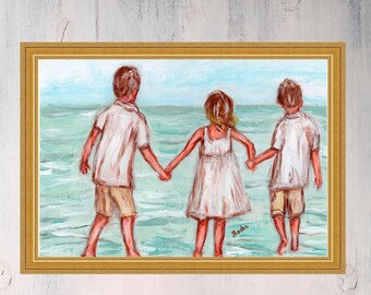 Two Brothers and Sister Print Beach Children Original Art Family Artwork Kids Wall Art Decor Gift for Sister by TonyGallery