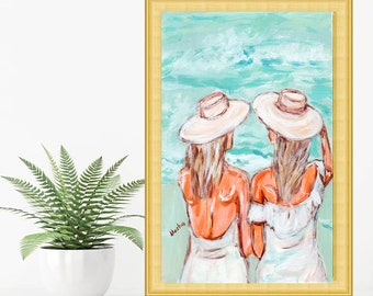 Two Beach Sisters Oil Painting Woman Print Girlfriends Wall Art Gift for Girl Bedroom Wall Decor by TonyGallery