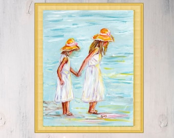Two Sisters Print Children Art Seascape Painting Kids Poster Family Art Large Wall Art by TonyGallery