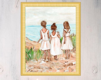 Tres hermanas imprimen arte familiar pintura acrílica regalo para hermanas niños cartel arte de pared grande por TonyGallery