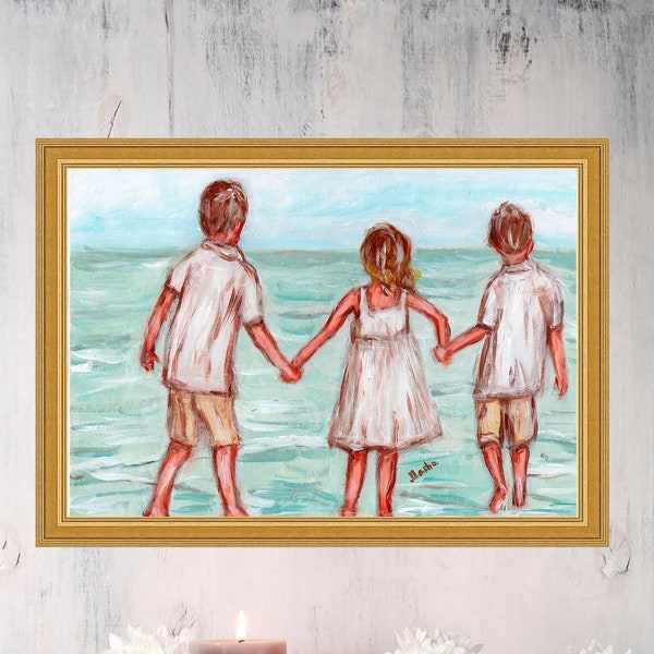 Due fratelli e sorelle stampa spiaggia bambini arte originale opere d'arte di famiglia decorazioni da parete per bambini regalo per la sorella di TonyGallery