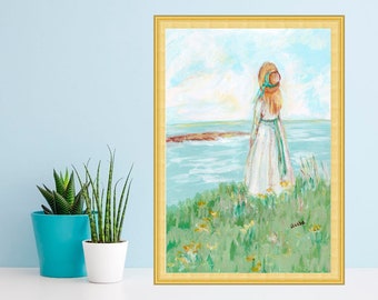 Girl in Hat on Beach Oil Painting Woman Print Figurative Art Vintage Artwork Gift for Her Bedroom Wall Decor by TonyGallery