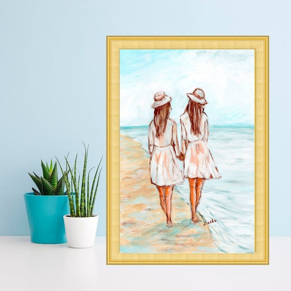 Two Beach Girlfriends Oil Painting Sisters Print Figurative Art Gift for Her Bedroom Wall Decor by TonyGallery