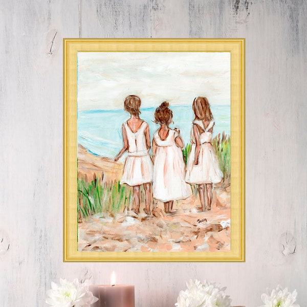 Three Sisters Print Family Art Acrylic Painting Gift for Sisters Kids Poster Big Wall Art by TonyGallery