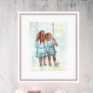 Impresiones de dos hermanas, obra de arte familiar, pintura acrílica, póster infantil, arte mural grande de TonyGallery