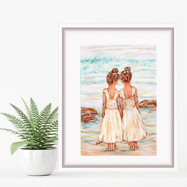 Deux soeurs de plage, peinture à l'huile pour filles, impression de décoration murale pour enfants, cadeau pour soeur, oeuvre d'art d'enfance par TonyGallery