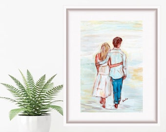 Beach Couple Oil Painting Love Print Figurative Art People Wall Art Gift for Her by TonyGallery