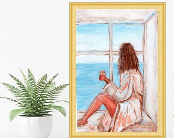 Girl on Window Painting Fine Art Print  Figurative Artwork Girl And Mug Poster Woman Wall Art Gift for Her by TonyGallery