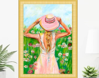 Girl in Meadow Acrylic Painting Figurative Print Original Art Woman Poster Large Wall Art by TonyGallery