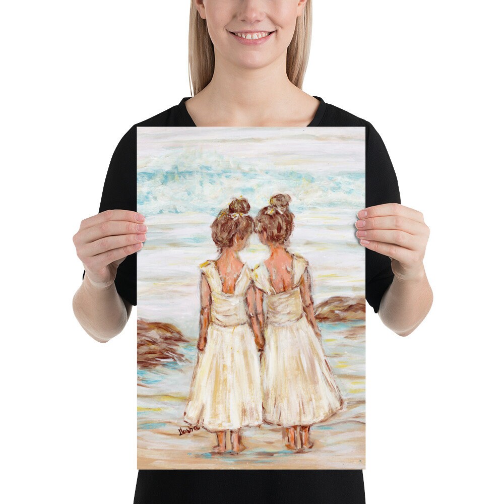 Two Beach Sisters Oil Painting Girls Print Kids Wall Decor Gift for ...