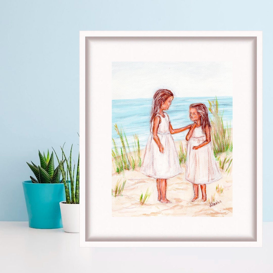 Two Sisters on the Beach Oil Painting Children Print Kids Wall Art Gift ...