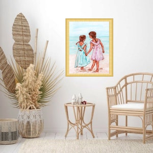 Two Beach Sisters Painting Family Art Print Kids Wall Art Girlfriends Artwork Gift for Sister by TonyGallery image 9