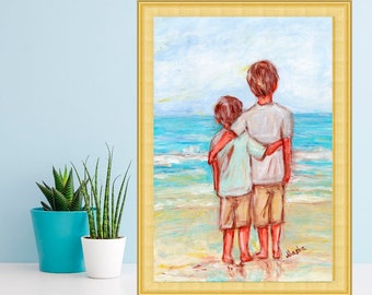 Two Beach Brothers Painting Print Original Art Family Artwork Kids Wall Art Gift for Brother by TonyGallery