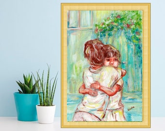 Girl and Boy Painting Fine Art Print Hug Artwork Oil Art  Children Wall Art Kids Decor Love Art by TonyGallery