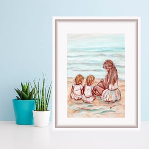 母と双子の女の子の油絵 家族プリント ビーチ 子供用アート ママへのギフト キッズ 壁飾り トニーギャラリー
