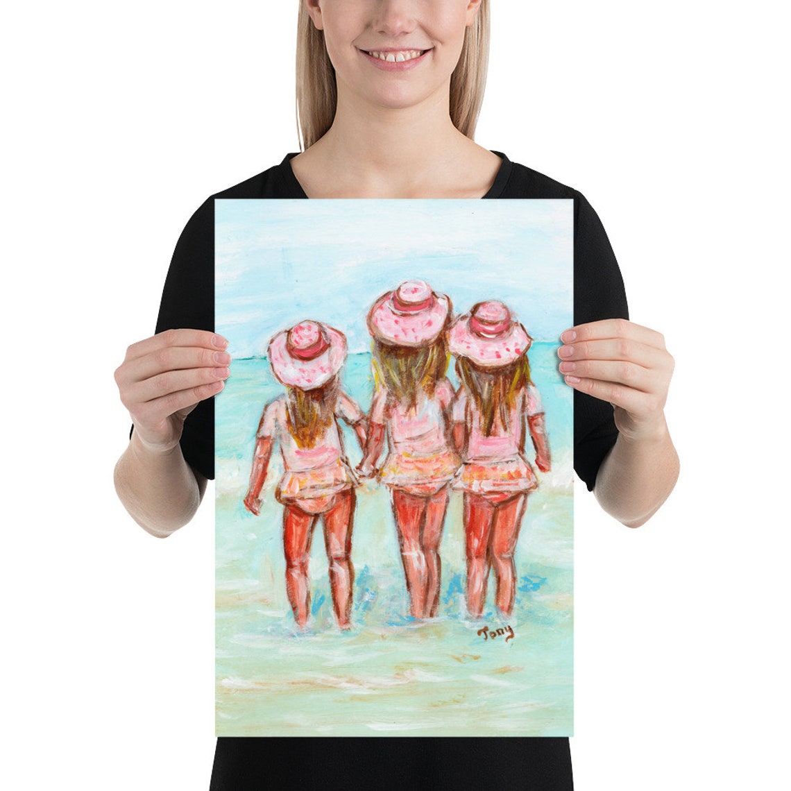 Tree Beach Girls Art Print Family Painting Three Sisters Artwork Gift