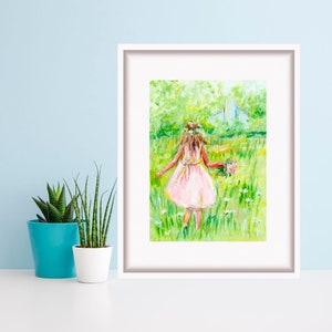 Girl in Meadow Print Acrylbild Farmhaus Kunstwerk Kinder Poster Kinderwandkunst by TonyGallery