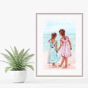 Two Beach Sisters Painting Family Art Print Kids Wall Art Girlfriends Artwork Gift for Sister by TonyGallery image 1