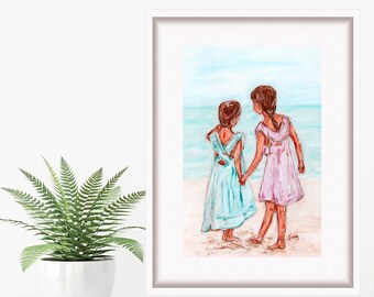 Two Beach Sisters Painting Family Art Print Kids Wall Art Girlfriends Artwork Gift for Sister by TonyGallery