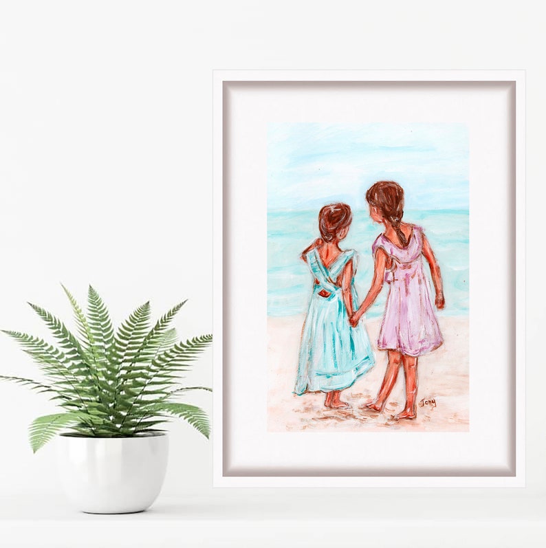 Two Beach Sisters Painting Family Art Print Kids Wall Art Girlfriends Artwork Gift for Sister by TonyGallery image 1