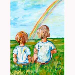 Dos hermanos y arco iris pintura impresión arte original niños cartel vivero decoración gran pared arte niños pintura por TonyGallery
