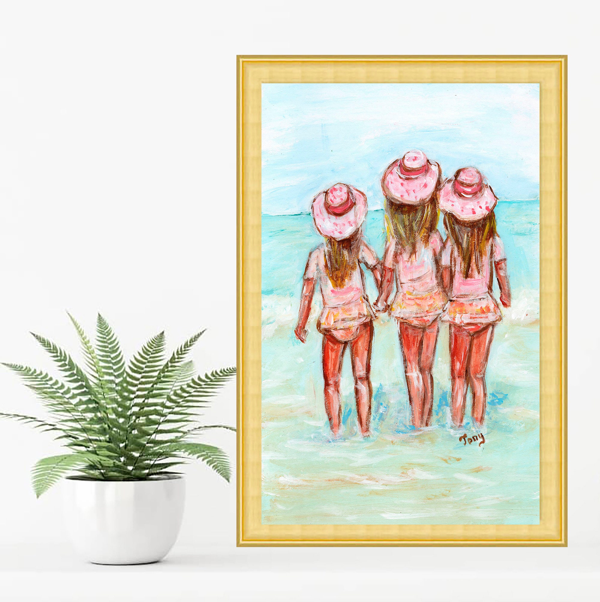 Tree Beach Girls Art Print Family Painting Three Sisters Artwork Gift