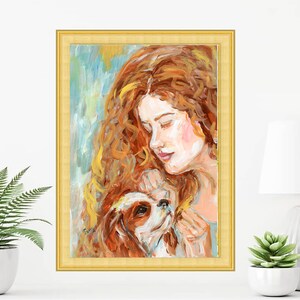 Pintura acrílica de niña y perro, impresión de amantes de los animales, arte original para niños, póster grande, arte mural de TonyGallery