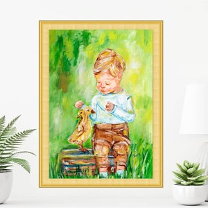 Impresión de pintura acrílica de niño y patitos Arte original Póster infantil Decoración de pared para guardería de TonyGallery