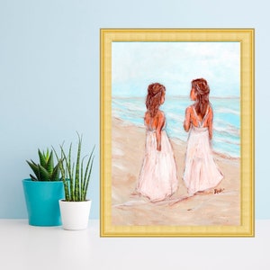 Zwei Schwestern am Strand Ölgemälde Kinder Poster Küsten Kunstwerk Kinderwanddekor Geschenk für Mädchen von TonyGallery