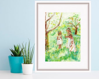 Three Girls Print Sisters Artwork Acrylic Painting Children Poster Big Wall Art by TonyGallery