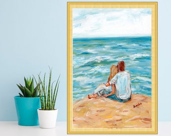 Lovers on the Beach Oil Painting Couple Print Figurative Art Gift for Her Him Bedroom Wall Decor by TonyGallery