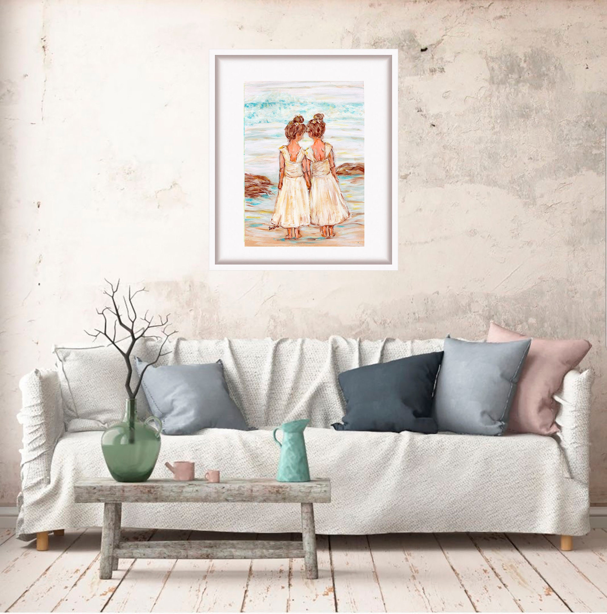 Two Beach Sisters Oil Painting Girls Print Kids Wall Decor Gift for ...