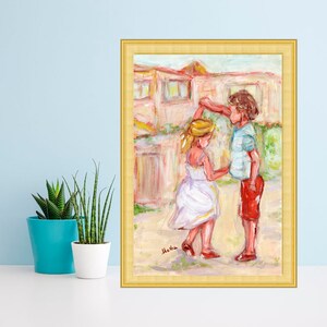 Pintura de niña y niño, impresión artística, obra de arte al óleo, póster para niños, arte de pared para niños, regalo para Navidad de TonyGallery