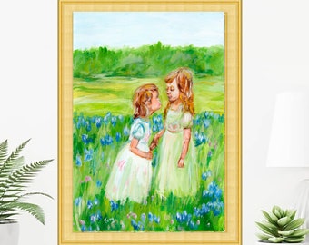 Two Sisters in Bluebonnet Fild Print Acrylic Painting Family Poster Children Wall Art Bluebonet Artwork Nursery Decor by TonyGallery