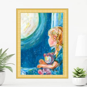 Niña y Luna Pintura Imprimir Arte Original Niños Cartel Guardería Arte de pared Acrílico Obra de arte por TonyGallery