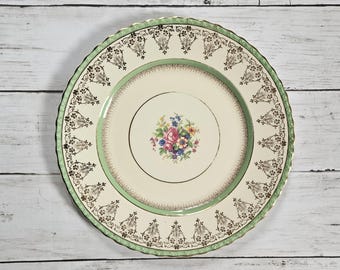 Vintage Myott Staffordshire Ironstone China Essteller Grün & Gold Blumen 1930er 1940er Jahre