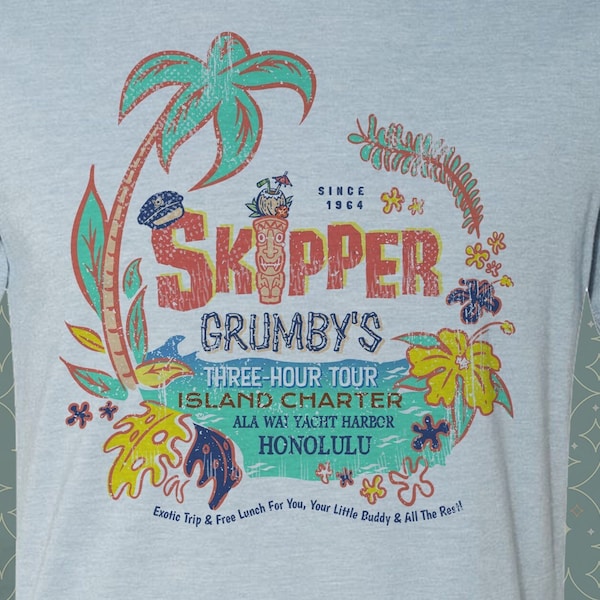 Skipper Grumby's Three Hour Tour - Vintage-style T-Shirt Tee Hawaii Tiki Travel Souvenir • Gilligan's Island Retro Classic TV Kitsch