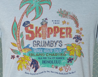 Skipper Grumby's Three Hour Tour - Vintage-style T-Shirt Tee Hawaii Tiki Travel Souvenir • Gilligan's Island Retro Classic TV Kitsch