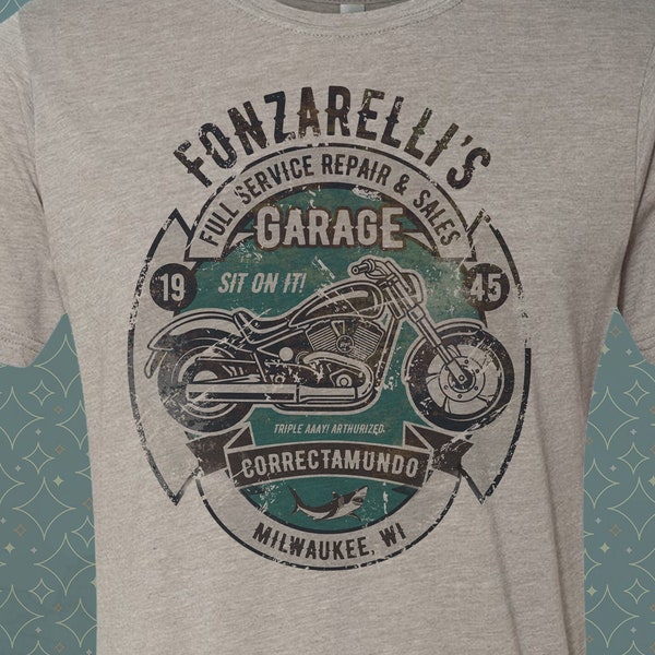 Fonzarelli Garage | Vintage-style T-Shirt Tee Humor Spoof 50s TV | Milwaukee Motorcycle Rockabilly Comedy gag Fonzie