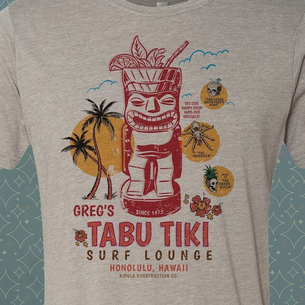 Greg's Tabu Tiki Surf Lounge - Vintage-style T-Shirt Tee Honolulu Hawaii Retro Travel Brady Bunch TV