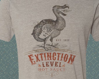 Extinction Level Hot Sauce Vintage-style T-Shirt Tee Dodo Bird Humor Foodie Spoof