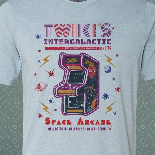 Twiki Intergalactic Space Arcade - Vintage-style T-Shirt Tee Retro Classic TV • Buck Rogers 25th Century Video Game 70's • Kitsch Twikki