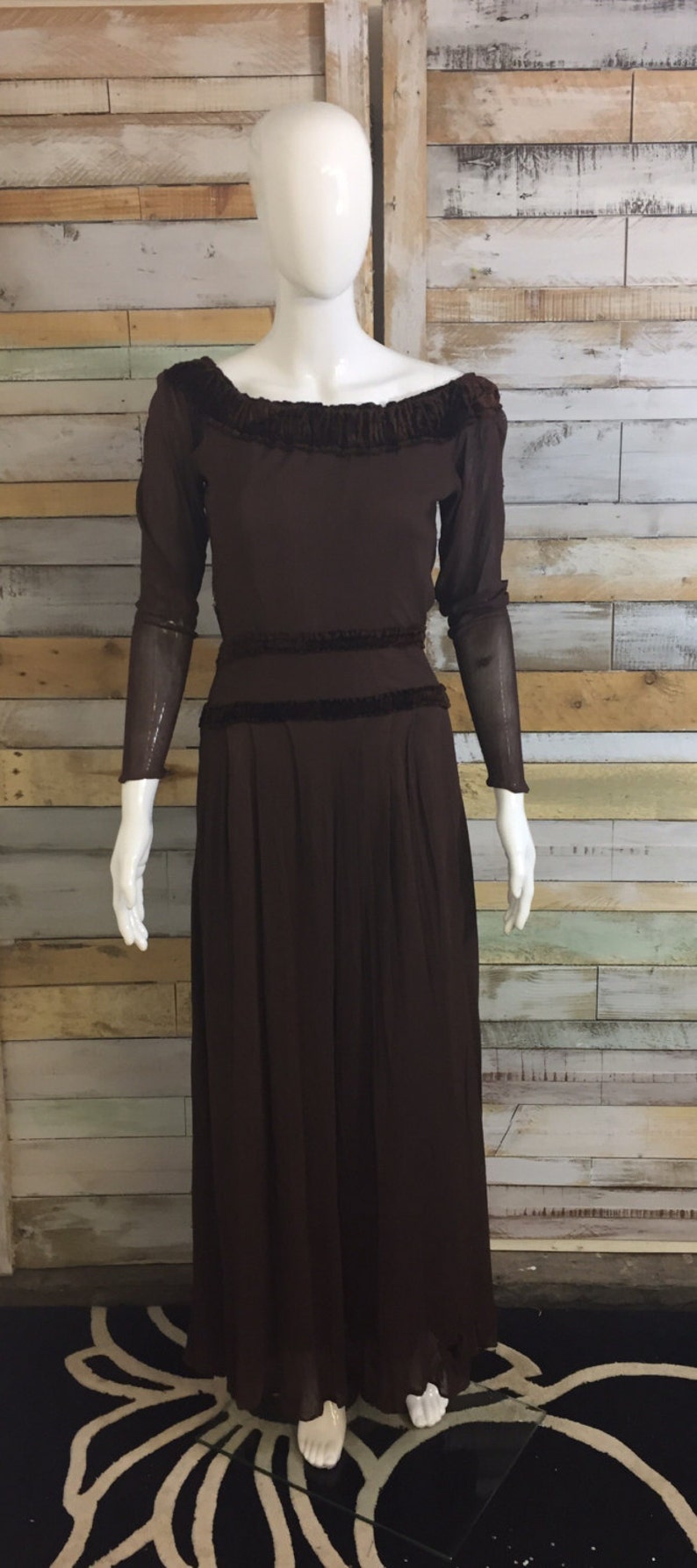 1930/'s handmade net /& velvet chocolate brown maxi dress good size