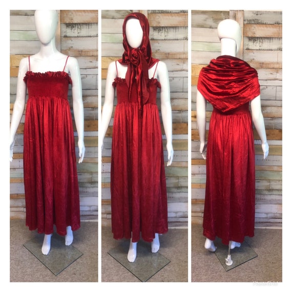 Vintage Jean Varon red velvet dress and shawl M/L