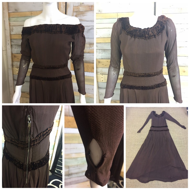 1930/'s handmade net /& velvet chocolate brown maxi dress good size