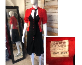 Rare OSSIE Clark moss crepe red and black peplum dress. 1970's does 1940's style.