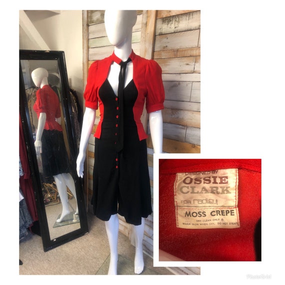 Rare OSSIE Clark moss crepe red and black peplum d